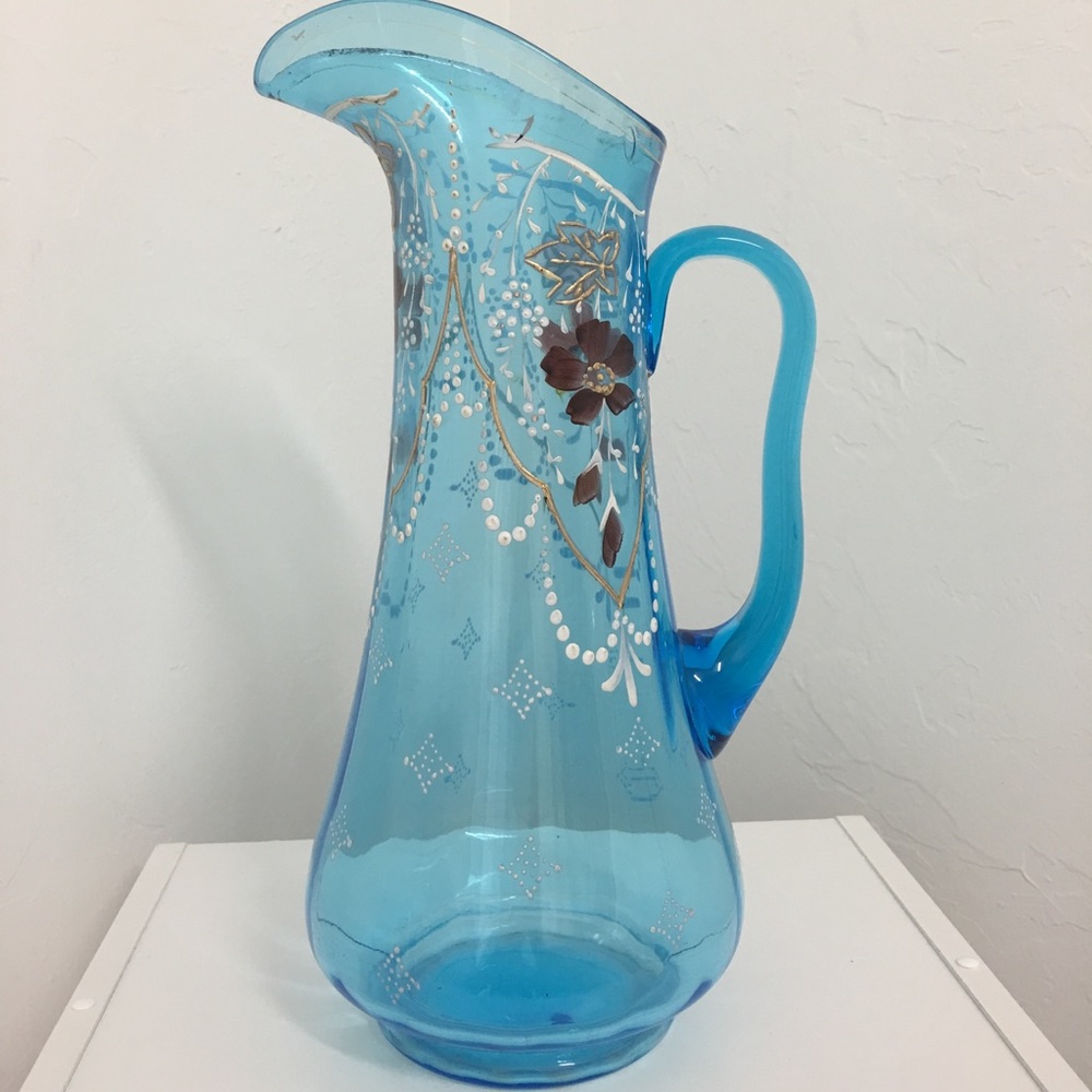 Vintage Blue Glass hand-painted Victorian pitcher